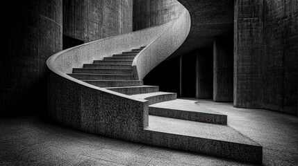 Poster - Modern architecture; spiral staircase; concrete; monochrome; shadows; interior; design; curve; stairs; steps.