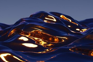 Aufkleber - Golden Reflection: Abstract view of a dark wavy surface, with glowing golden reflections. The perfect texture for various projects and backgrounds, evoking feelings of wonder and mystery.