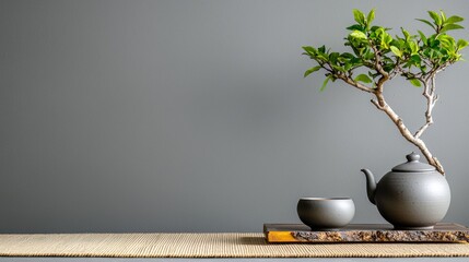 Aufkleber - Small potted plant sits on a wooden tray next to a teapot and two small cups. Concept of calm and relaxation, as the tea set and plant are arranged in a simple and elegant manner