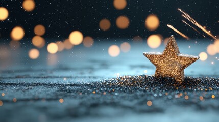 Poster - Star is on a dark background with a lot of light shining on it. The star is surrounded by a lot of glitter, which gives it a sparkling and festive appearance. Scene is celebratory and joyful