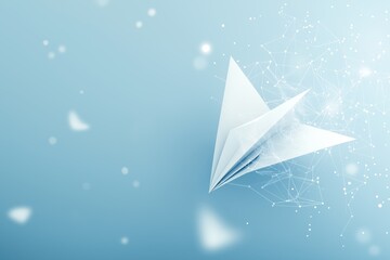 Aufkleber - Minimalistic futuristic paper plane soaring through digital blue sky background symbolizing modern communication, creativity and innovative ideas in flight, Generative AI