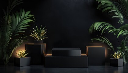 Poster - Dark Background With Black Podium Or Pedestal Display Featuring Cube Platform And Blank Product Shelf. 3d Rendering.