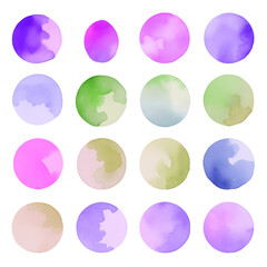 Aufkleber - A collection of sixteen watercolor circles in various pastel colors arranged on a transparent background png