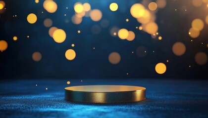 Poster - Luxurious Scene: Empty Podium Gleaming In Gold On Blue Background With Neon Lights And Bokeh Decorations
