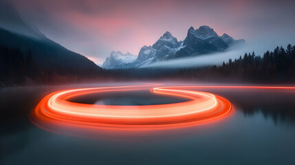 Wall Mural - Orange Light Painting on Calm Lake at Dusk with Misty Mountains
