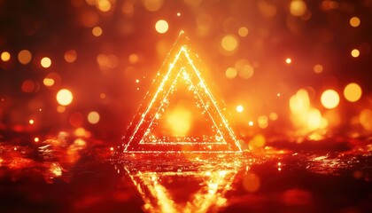 Poster - Luxurious Red Golden Triangle With Flame And Bokeh Effect Decor, Enhanced With Glittering Lights - A Stunning Display Item.