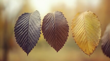 Poster - Three leaves are hanging from a window sill. The leaves are brown and yellow, and they are all different sizes. The leaves are in the air, and they are not touching each other