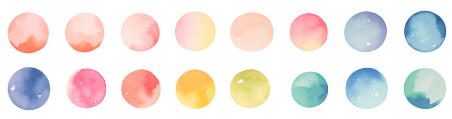 Poster - Watercolor circles arranged in two rows with various pastel shades of color in an abstract design png