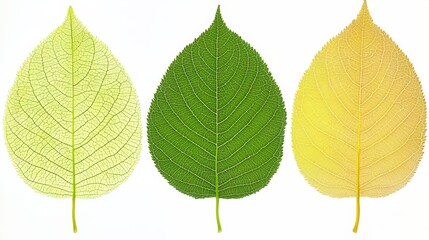 Poster - Three leaves of different colors, one green, one yellow, and one brown. The green leaf is the largest and the yellow leaf is the smallest