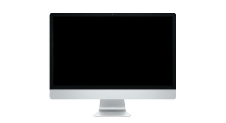 Fototapete - A silver imac computer with a black screen is centered on a black background in a studio shot