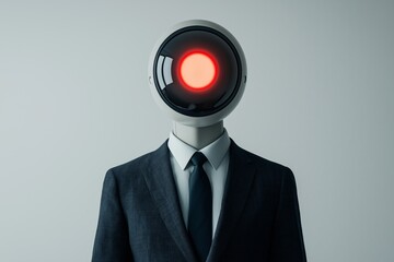 Poster - Futuristic robot with a camera lens head wearing a business suit, symbolizing artificial intelligence innovation and cybernetic corporate identity, Generative AI