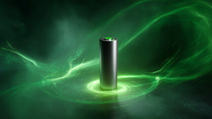 Poster - Metallic battery on dark background, surrounded by swirling green energy, showcasing power and innovation, ideal for technology or energy concepts