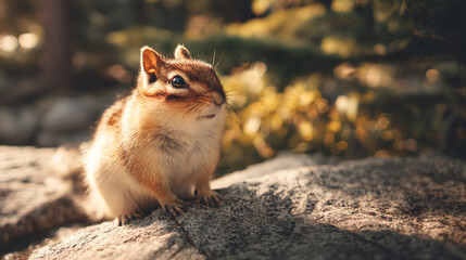 Poster - Close-up of a chipmunk sitting on a rock, illuminated by warm sunlight, showcasing its fur texture and details, representative of wildlife and nature photography