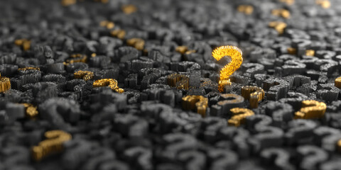 Poster - Gold question mark stands out among numerous gray question marks, symbolizing unique solution or finding answers amidst complexity