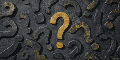 Poster - Textured background of black and gold question marks A large gold question mark stands out symbolizing inquiry, uncertainty, or problem-solving