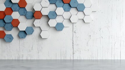 Poster - Wall with a pattern of hexagons in different colors. The wall is white and the colors are blue, red, and orange. The wall is empty and has a modern look