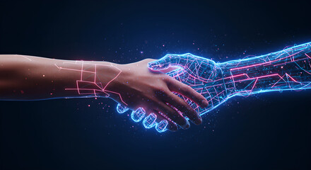 Poster - Woman shakes hands with an artificial intelligence hand representing integration human interaction technology and AI synergy. Future partnership between people machines concept.