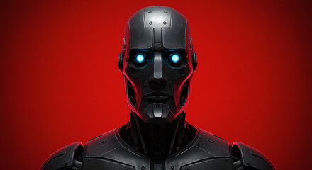 Poster - Closeup view of a sophisticated humanoid robot head against a vibrant red background. Artificial intelligence concept for futuristic technology and digital innovation.