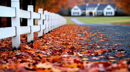 Aufkleber - White fence with a white house in the background. The fence is covered in autumn leaves. The house is white and has a lot of windows