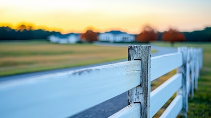 Poster - White fence with a wooden post sits in a field. The fence is in front of a house and a road. The sky is orange and the sun is setting