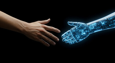 Poster - Close-up shot of human hand and robotic hand reaching for each other black background representing connection between man and machine futuristic technology concept