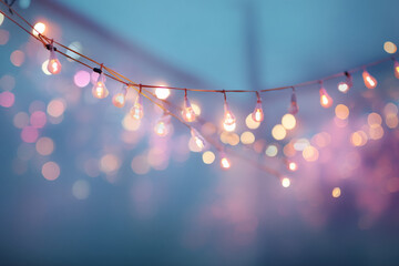 Aufkleber - String of warm-toned lights blurred against a blue background, creating a soft, romantic ambiance, ideal for celebratory or festive designs