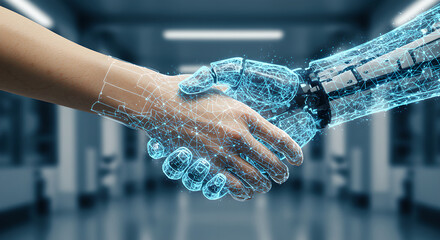 Poster - Human hand shaking futuristic ai robot hand. Digital handshake representing partnership between human and technology or machine intelligence.