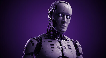 Poster - Close up portrait futuristic robot or cyborg face concept. Artificial intelligence technology and machine learning theme with robotic man.