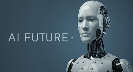 Poster - Futuristic white artificial intelligence robot standing on a blue background with the words 