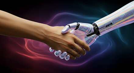 Poster - Human hand and robot hand shaking. Concept of futuristic partnership between person and artificial intelligence. Ai integrated technology.