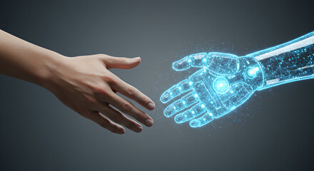 Poster - A man building connection with artificial intelligence hand as future technology development concept for digital transformation and global ai integration.