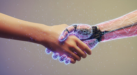 Poster - Man shaking hand with robot hand connecting digital world and real world futuristic technology concept and artificial intelligence integration future for business communication