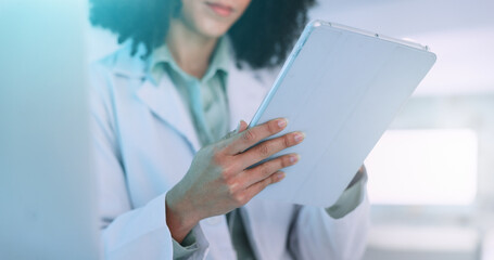 Poster - Woman, hands and scientist with tablet for research, new study or scientific data at laboratory. Closeup, female person or science on technology for digital results, innovation or medical development