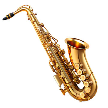A stunning gold saxophone isolated on white background ,PNG