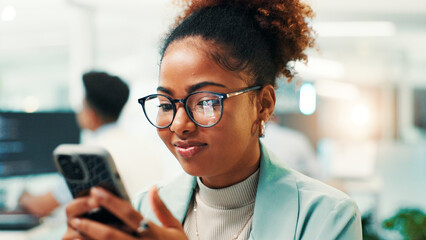 Poster - Business, smartphone and woman in office, internet and glasses with reflection, accounting or stock market. Person, financial advisor or employee in workplace, digital app for economy news or eyewear