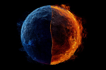 Poster - Abstract image of a sphere divided into fire and ice, showcasing contrasting elements, symbolizing duality, conflict, or opposing forces