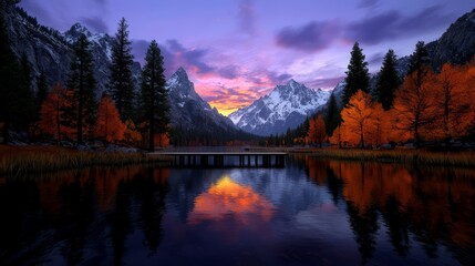 Poster - Beautiful mountain range with a lake in the foreground. The lake is calm and the sky is orange and pink. The scene is peaceful and serene