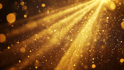 Poster - Golden light rays with particles, glittering background, 3D rendering, space explosion, glow flare effect, glowing dust, and sparkles.
