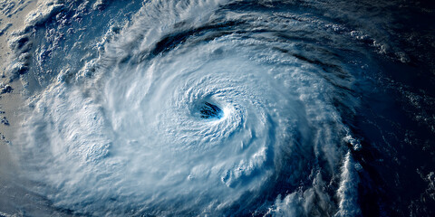 Poster - Aerial view of a swirling, powerful hurricane over dark ocean water, showcasing its intense energy and destructive potential, representative of natural forces and climate change