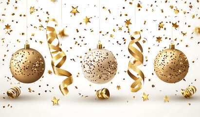 Poster - Gold confetti and ribbons on a white background, vector illustration.