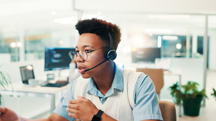 Aufkleber - Headset, man and technical support consultant in office for communication, contact us or networking. Technology, CRM and male call center agent with online consultation for helpdesk in workplace.