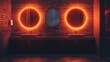 © mochalfin - Neon-lit bathroom, brick wall, double sinks, night