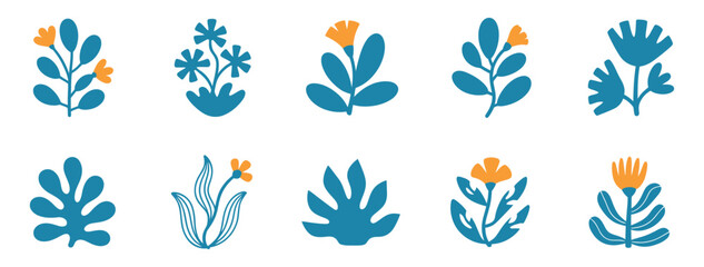 Poster - Set Of Blue And Orange Abstract Botanical Illustrations On White Background Artistic Floral Designs And Plantlife Illustrations