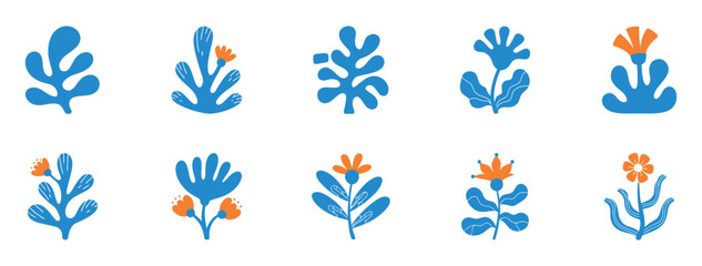 Poster - Matisse Style Botanical Collection With Blue Shapes And Orange Floral Accents On White Background