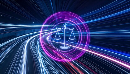 Poster - Futuristic legal concept with justice scales against a neon light trail backdrop. Ideal for law, technology, innovation, and cybersecurity themes.