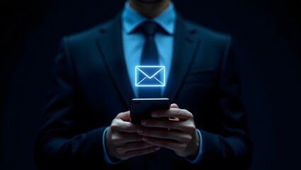 a man in a suit holding a smartphone with an email icon projected above the phone in blue light