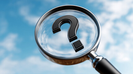 Poster - Magnifying glass focuses on a black question mark against a blurry blue sky background, symbolizing search, inquiry, and problem-solving