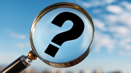 Poster - Magnifying glass with question mark, against blurred sky background, symbolizing inquiry, investigation, or search for answers
