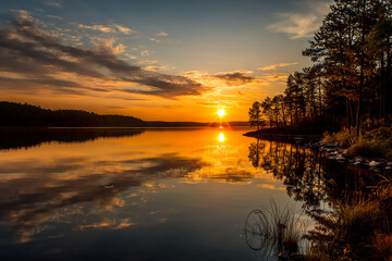Poster - Golden sunset reflected in calm lake water, trees silhouetted against vibrant sky, peaceful and serene landscape, evokes tranquility and natural beauty