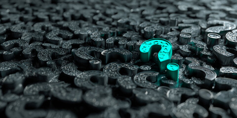 Poster - Teal question mark stands out among many dark gray question marks, symbolizing unique solution or finding answers among many choices